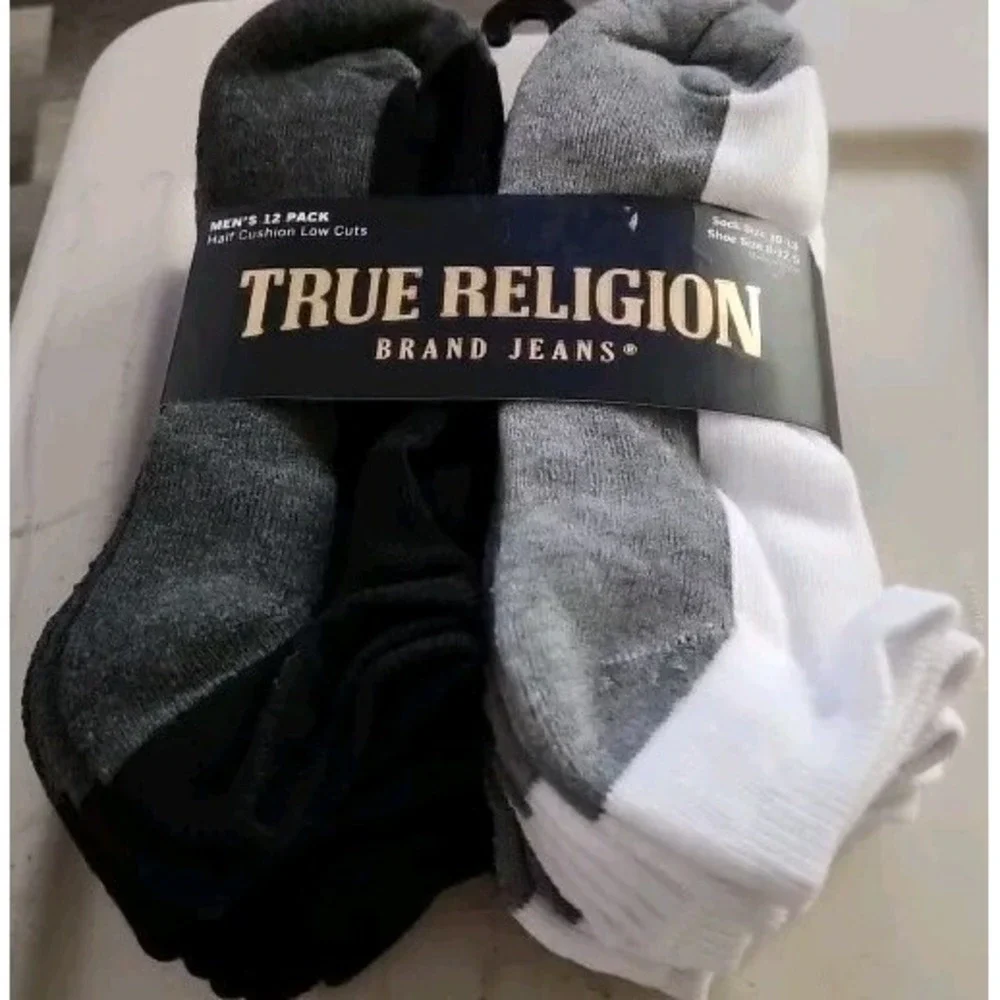 True Religion Mens 12 Pack Half Cushion Low Cut Socks Black Grey White 10-13